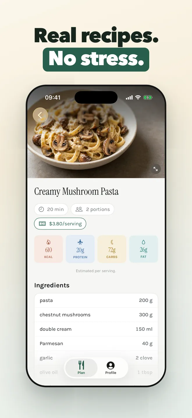A recipe with photo, time, portions, macros and ingredients