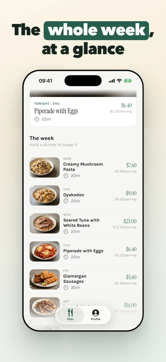 All seven dinners of the week with a price for each night
