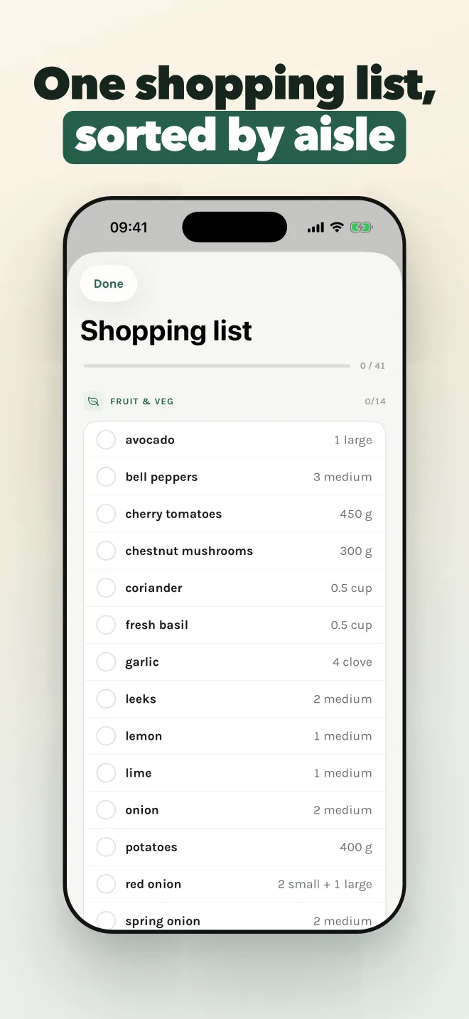 The shopping list grouped by aisle, with items ticked off